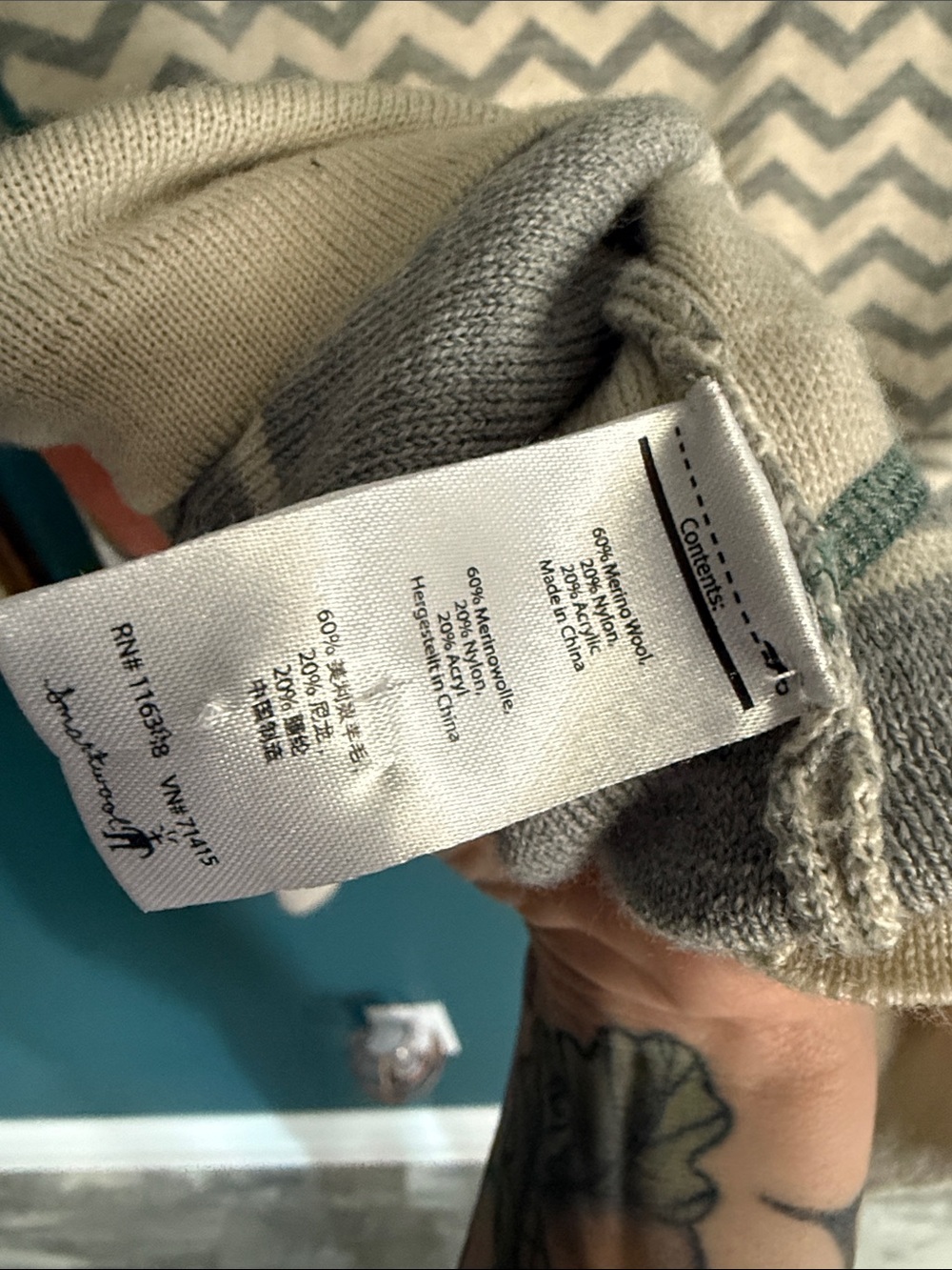 Smartwool Cream & Teal Chevron Knit Hoodie - Picture 6 of 6